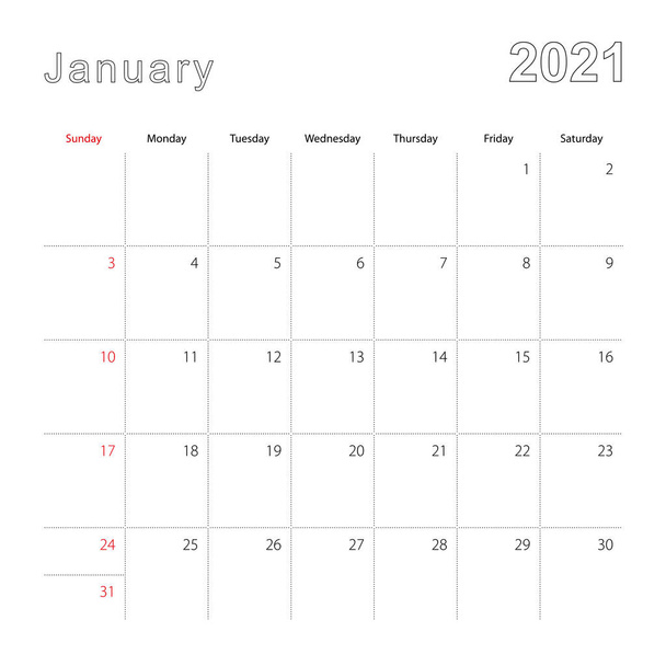 Simple wall calendar for January 2021 with dotted lines. The calendar is in English, week start from Sunday. Vector template. - Vector, Image