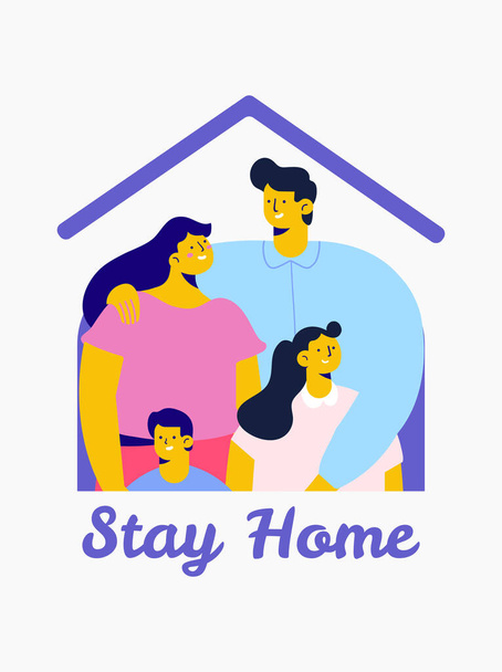 Familie zu Hause während der Coronavirus-Epidemie. Bleiben Sie zu Hause und retten Sie Leben. Quarantäne und Selbstisolierung. Flache Vektorabbildung - Vektor, Bild