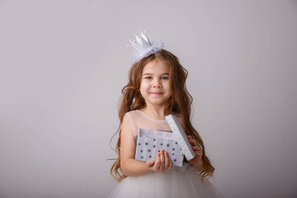 a little girl in a fairy costume, a Princess girl with a gift in her hands smiling, isolated on a white background - Photo, Image