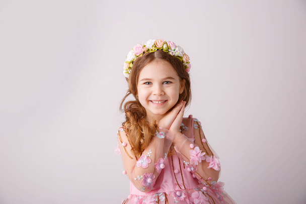 a little girl wearing pink dress and flower wreath posing in studio - Foto, imagen