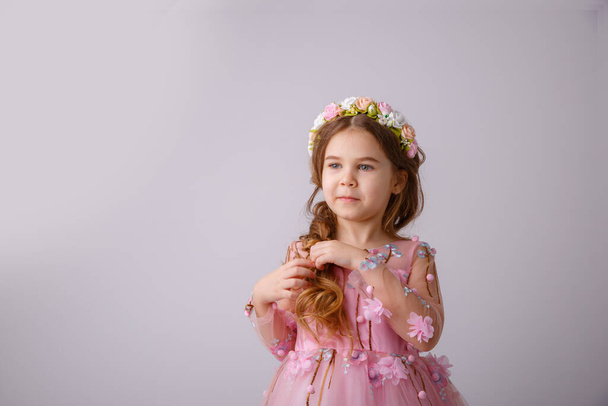a little girl wearing pink dress and flower wreath posing in studio - Zdjęcie, obraz