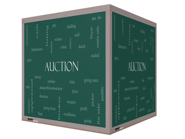 aukciós szó felhő fogalmát egy 3d kocka-táblára - Fotó, kép
