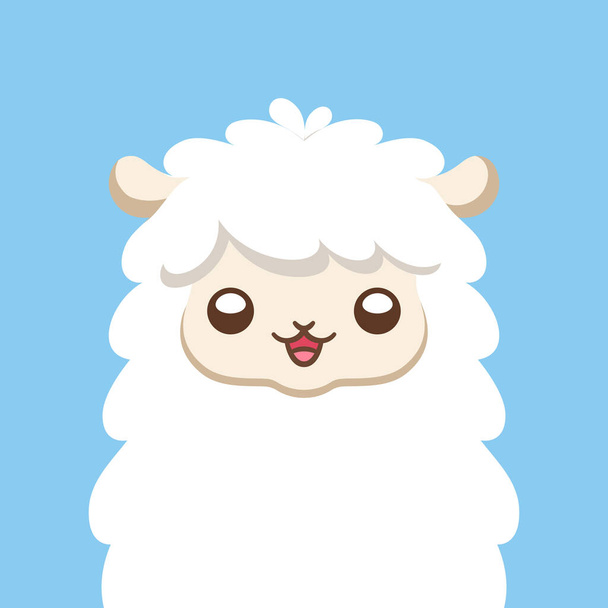 Cute white fluffy sheep, alpaca, llama animal cartoon character head with happy facial expression vector illustration design on blue background. - Vektör, Görsel