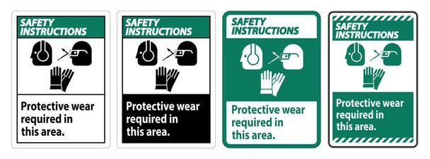 Instrukcje dotyczące bezpieczeństwa Znak nosić sprzęt ochronny w tym obszarze z symbolami ŚOI - Wektor, obraz