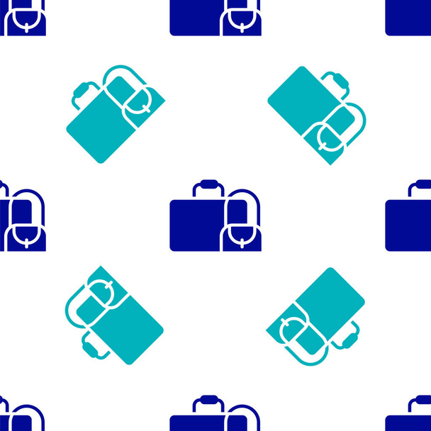 Kék bőrönd utazási ikon elszigetelt zökkenőmentes minta fehér háttér. Utazó csomagjelzés. Útipoggyász ikon. Vektor. - Vektor, kép