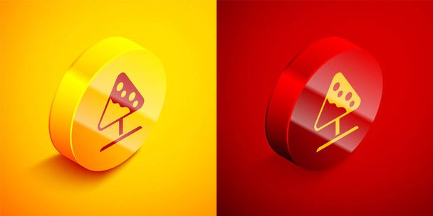 Isometric Road sign avalanches icon isolated on orange and red background. Snowslide or snowslip rapid flow of snow down a sloping surface. Circle button. Vector. - Vector, Image