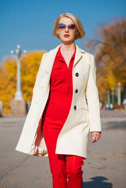Young beautiful blonde woman in a beige coat walks in the autumn park - Foto, imagen