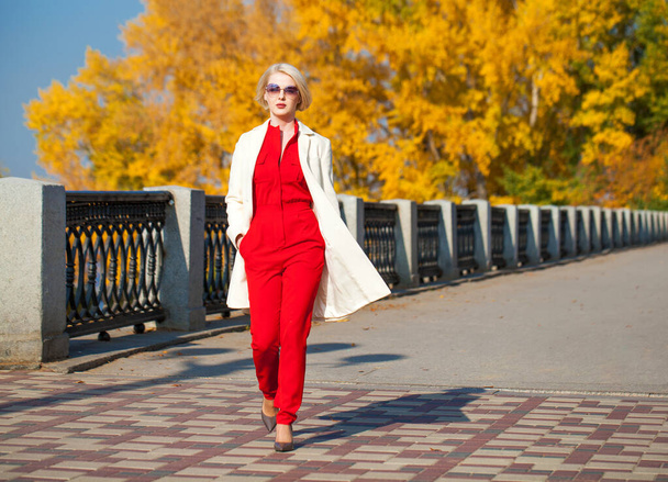 Young beautiful blonde woman in a beige coat walks in the autumn park - Fotografie, Obrázek