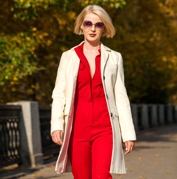 Young beautiful blonde woman in a beige coat walks in the autumn park - Foto, immagini
