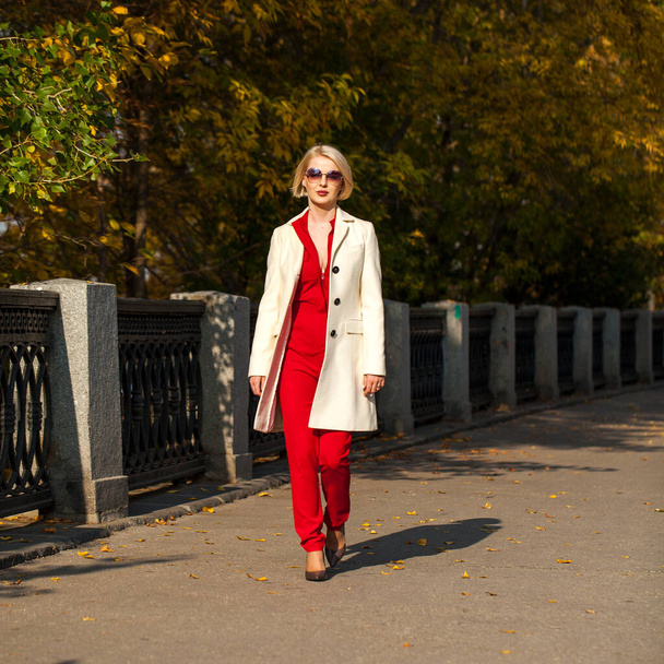 Young beautiful blonde woman in a beige coat walks in the autumn park - Foto, Imagem