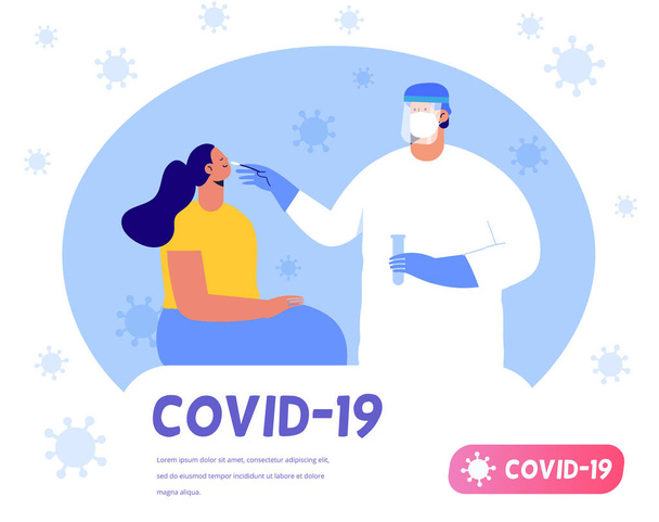 Coronavirus (COVID-19) testi. Doktor burun (burun) çubuğu ile DNA testi, test edilen hasta, laboratuvar analizi. Çizgi film Düz Vektör İllüstrasyonu. - Vektör, Görsel