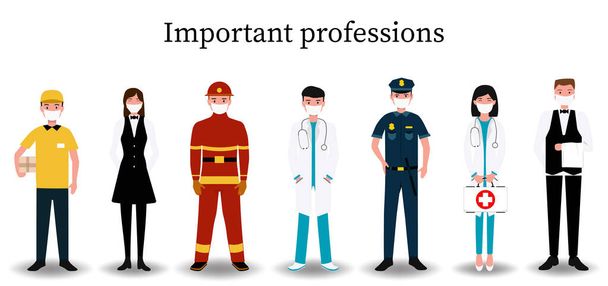 International Labor Day. Set people characters actual important professions covid 19. Coronavirus pandemic, epidemic. Flat vector cartoon modern illustration concept for banner, poster, layout. - Vector, Image