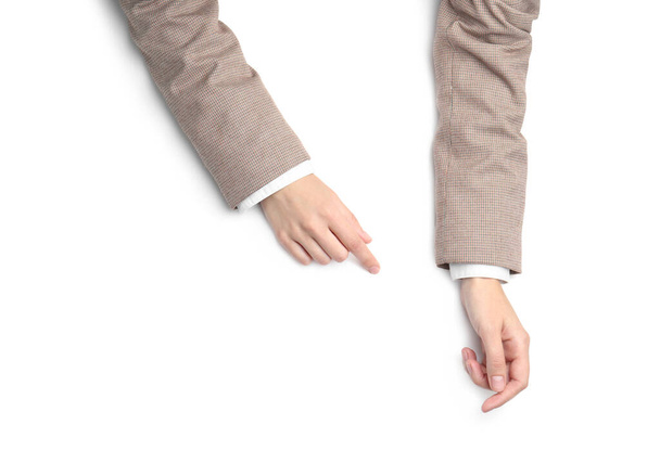 Woman on white background, top view. Closeup of hands - Photo, Image