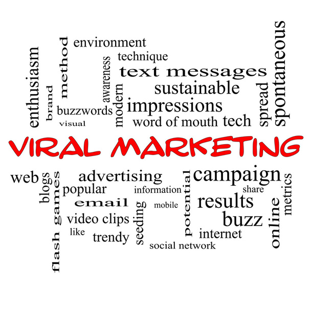 Concepto de Nube de Palabra de Marketing Viral en tapas rojas
 - Foto, imagen