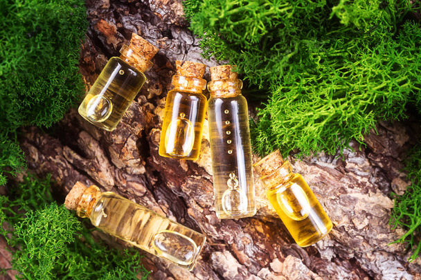 Modern apothecary. Natural essential oil on a wooden surface, next to it is moss. The concept of organic essences, natural products for beauty and health. - Φωτογραφία, εικόνα