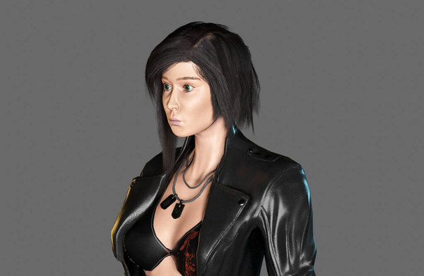 Portrait of gorgeous red headed female sci fi assassin bounty hunter character 3d rendering - 写真・画像