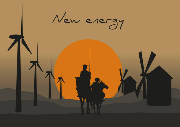 セルバンテスのスペインの小説家ドン・キホーテ・デ・ラ・マンチャのシルエット、風車と日没 - ベクター画像