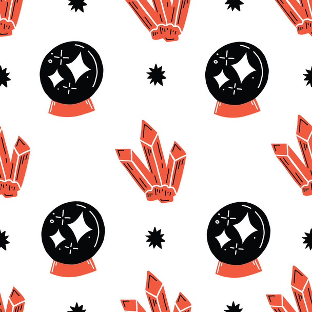 Lecteur de palme monochrome rouge et noir psychédélique avec cristaux et motif boule de fortune. Modèle de répétition vectorielle sans couture cosmique. - Vecteur, image