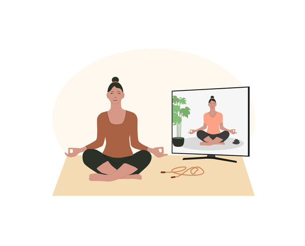 Quarantine, stay at home concept. Women doing exercises, yoga with teacher, tutor, personal trainer on-line, learn how to do exercises, relax, during quarantine. Sport, leisure and hobby on isolation. - Vector, Image