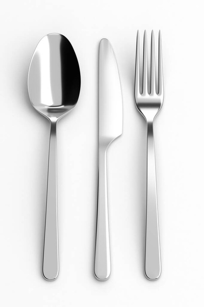 Fork, spoon and knife. Photo realistic 3D illustration. Cutlery, kitchen silverware. For use in menu, restaurant printables, web site. - Фото, изображение