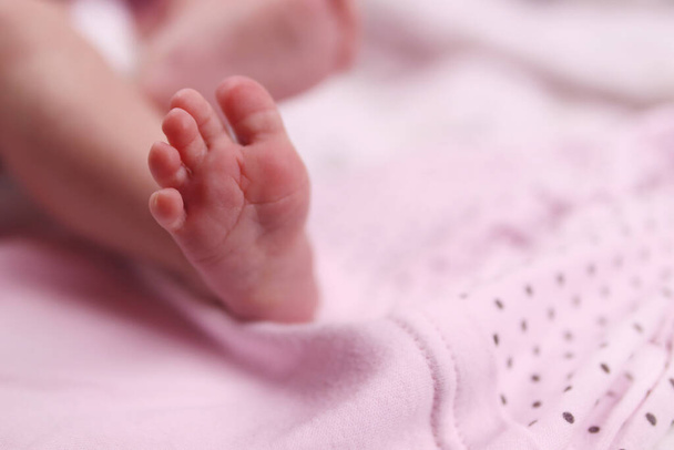 infant, Newborn baby's foot on blanket closeup - Photo, Image