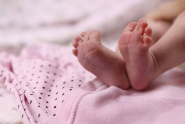 infant, Newborn baby's feet on blanket closeup. Selective focus - Photo, Image