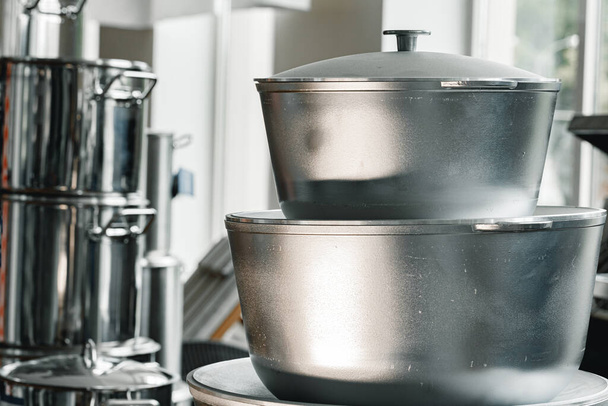 New industrial cooking pots on proffesional kitchen - Φωτογραφία, εικόνα