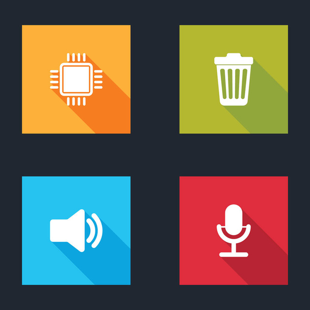 Set Processor with CPU, Trash can, Speaker volume and Microphone icon. Vector. - Vetor, Imagem