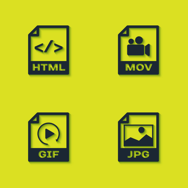 Aseta HTML-tiedostoasiakirja, JPG, GIF ja MOV-kuvake. Vektori. - Vektori, kuva