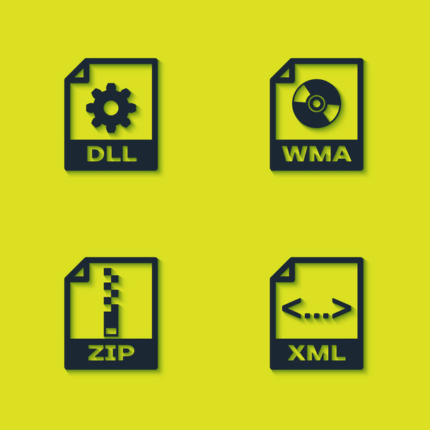 Setzen Sie DLL-Dateidokument, XML, ZIP und WMA-Symbol. Vektor. - Vektor, Bild