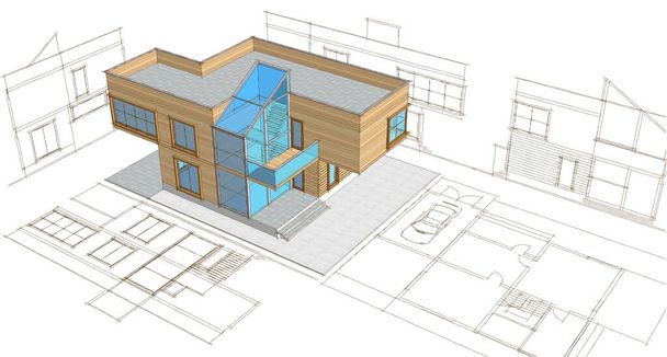 modern house plan sketch 3d illustration - Photo, Image