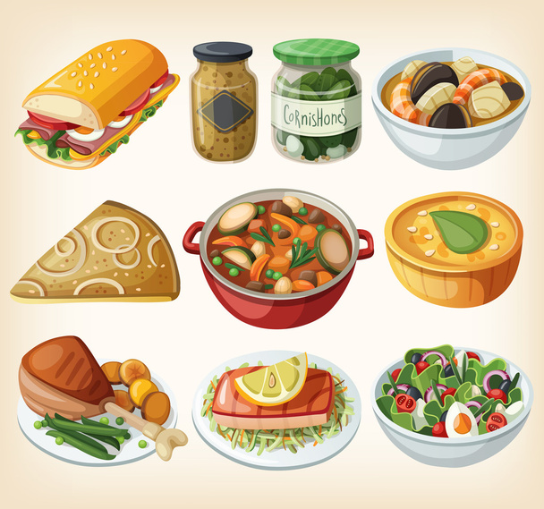 Collection of traditional french dinner meals - Vector, Image