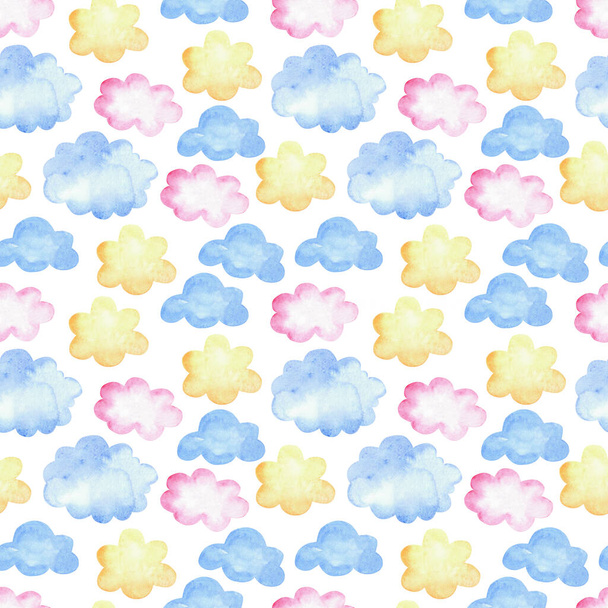 Watercolor pattern with blue, pink, yellow clouds. Seamless background elements on white - Photo, Image