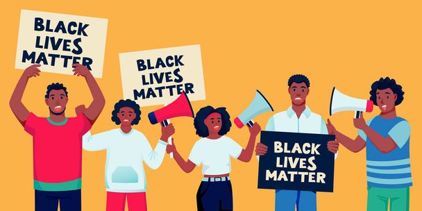 Afro-Amerikalı insanları posterlerle, hoparlörlerle protesto ediyor. Siyahların hayatları önemlidir, protesto eder ve haklar için savaşır. Siyasi aktivistlerin, protestocuların temsili düz çizgi film karakterleri - Vektör, Görsel