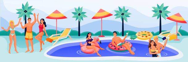 Młodzi szczęśliwi ludzie mają fajne letnie wakacje na imprezie przy basenie. Wektor płaskie postacie z kreskówek ilustracja. Mężczyźni i kobiety w bikini i strojach kąpielowych tańczący i pływający w basenie - Wektor, obraz