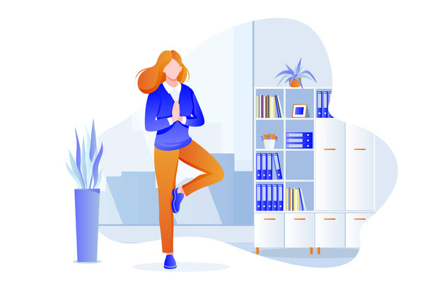 Businesswoman manager stands in tree pose vrksasana. Office yoga 5-minute break. Woman meditating in modern cabinet. Vector character illustration. Healthy lifestyle and relaxing time at work - Vector, Image