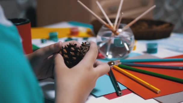 Talentoso niño sostiene conos de pino en manos y lápices de colores. Aprendizaje online - Metraje, vídeo