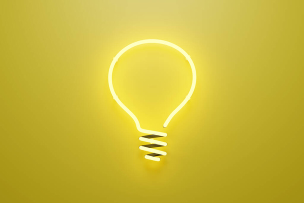 Kivonat 3d illusztráció sárga neon fény villanykörte alakú. Ötletkoncepció. 3d illusztráció. - Fotó, kép