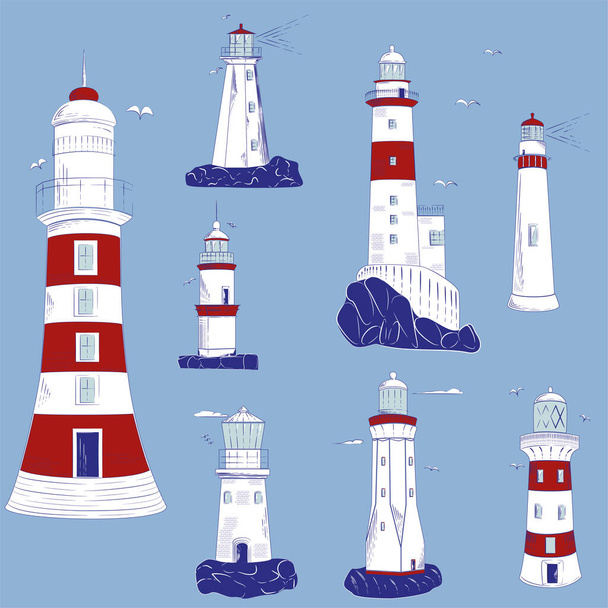 Lighthouse vector set illustrations, sea sketch drawn coloured pictures isolated on white background for marine web design - Vektor, Bild