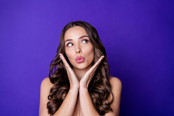 Photo of attractive charming girl look copyspace lips pouted isolated bright shine violet color background - Φωτογραφία, εικόνα