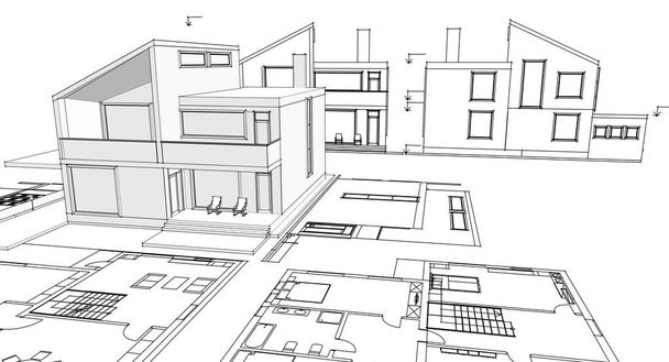 house plan facades architectural sketch 3d illustration - Photo, Image