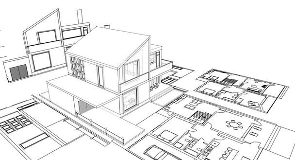 ev mimarisi projesi çizimi 3d illüstrasyon - Fotoğraf, Görsel