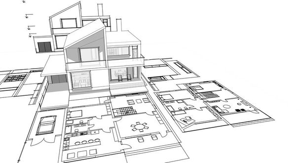 Haus architektonische Projekt Skizze 3D Illustration - Foto, Bild
