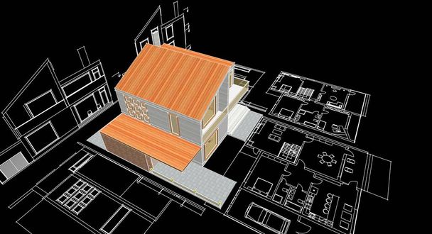 архитектурный эскиз дома 3d иллюстрация - Фото, изображение