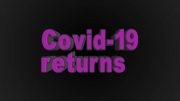 Spectacular volumetric text, 3D illustration, "Covid-19 returns". Пандемия возобновилась во всем мире. Показные буквы на чёрном фоне. Для ваших проектов, для информации в социальных сетях, для блогеров. - Фото, изображение