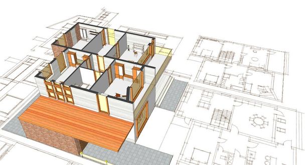 Haus Plan Fassaden architektonische Skizze 3D Illustration - Foto, Bild