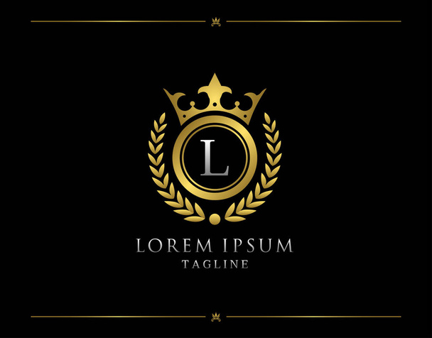 Royal Queen L Letter Logo (em inglês). Projeto luxuoso da coroa do ouro para Boutique, realeza, selo da letra, hotel, heráldico, jóia, casamento. - Vetor, Imagem