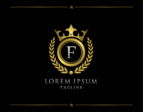 Logo Królowej F. Luxury Gold Crown design for Boutique, Royalty, Pieczęć na listy, Hotel, Heraldyczny, Biżuteria, Ślub. - Wektor, obraz