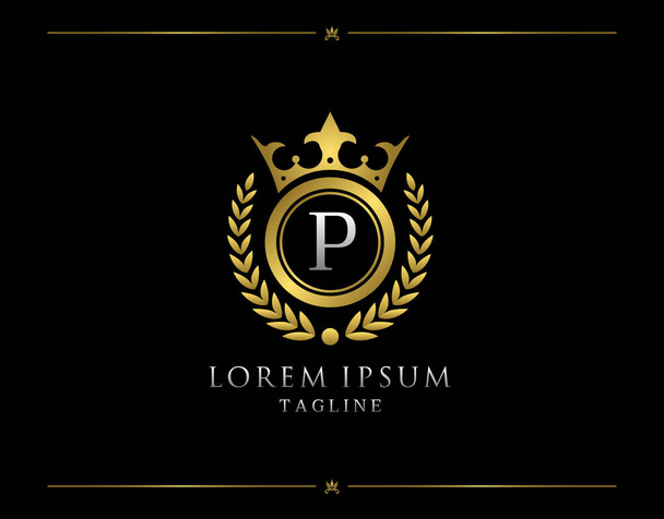 Logo Królowej P. Luxury Gold Crown design for Boutique, Royalty, Pieczęć na listy, Hotel, Heraldyczny, Biżuteria, Ślub. - Wektor, obraz