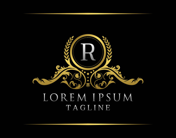Luxus Boutique R Letter Logo. Luxusabzeichen Golddesign für Boutique, Königtum, Briefmarke, Hotel, Wappentier, Schmuck, Restaurant, Hochzeit. - Vektor, Bild